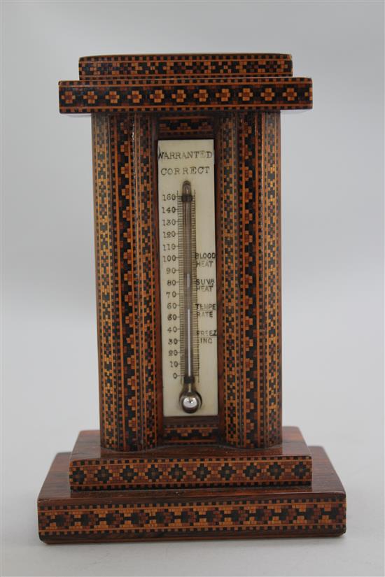 A Tunbridge ware tesserae tower thermometer Warranted Correct, 6.5in.